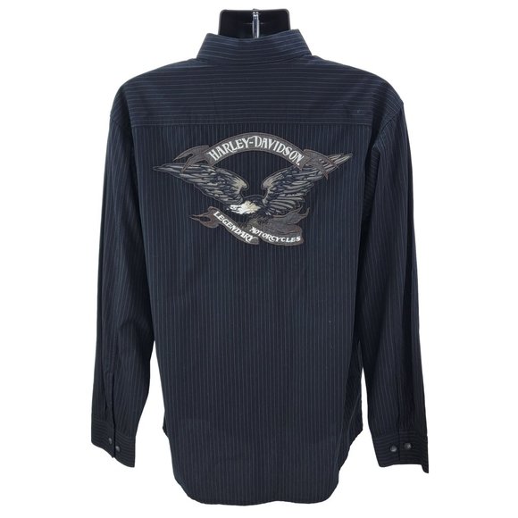 Harley-Davidson Shirt Men's Medium Button Front Long Sleeve Black Striped Eagle - Picture 1 of 7